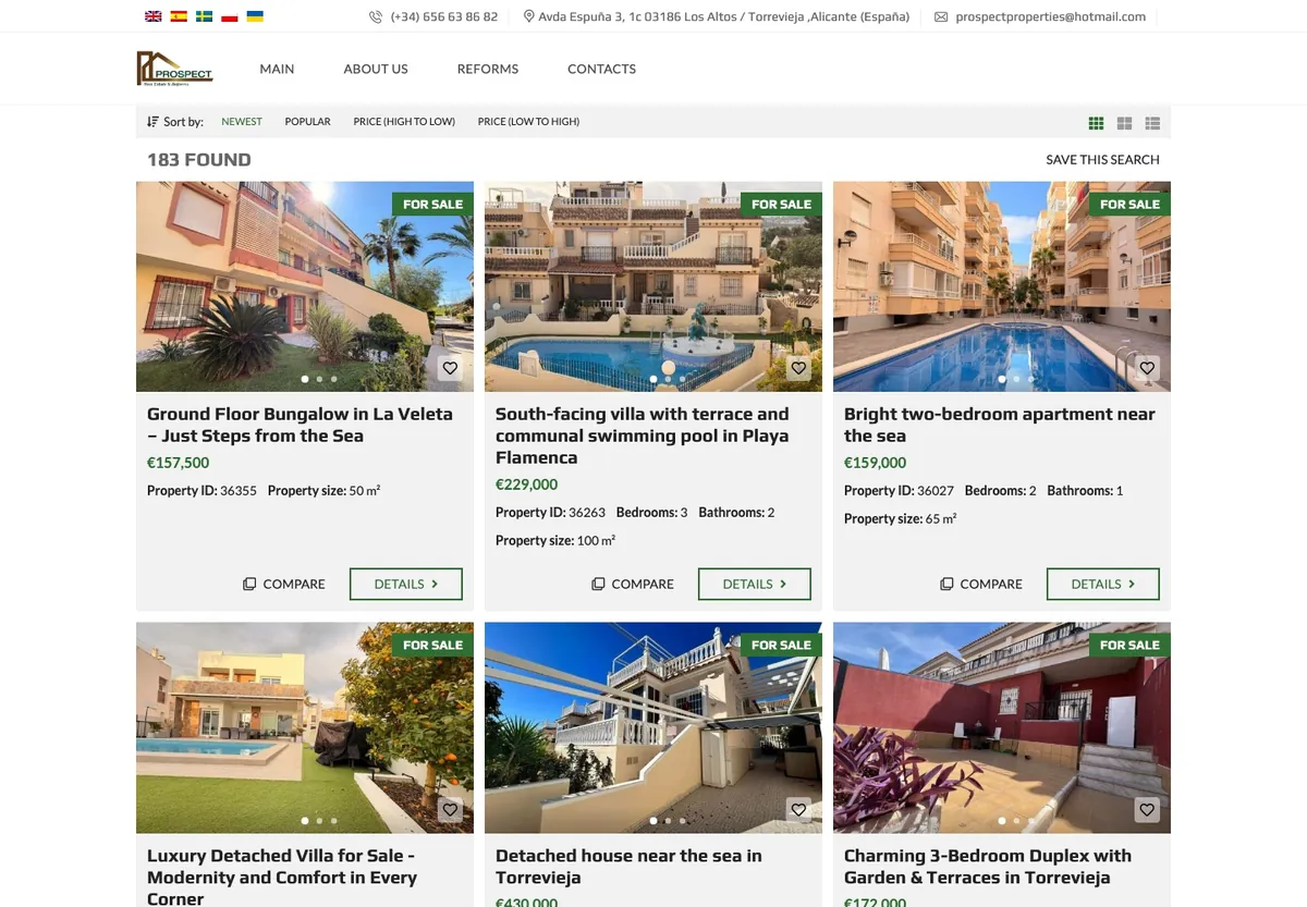 Prospect homepage with a grid of properties for sale in Torrevieja
