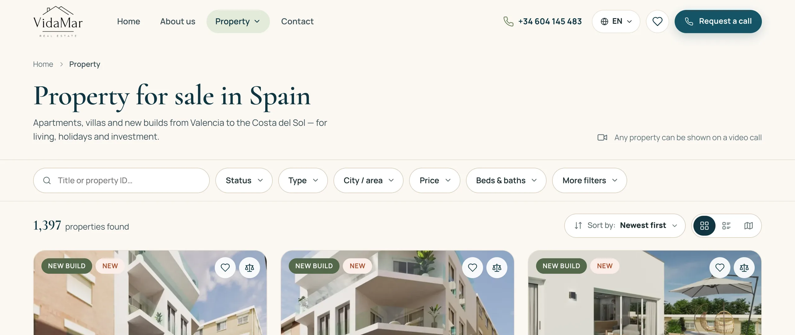 Catalogue page: sticky filter bar, 1,397 properties found, three columns of listing cards with price, price per square metre, area, beds and baths