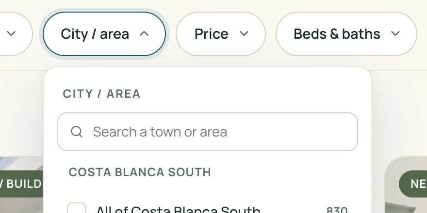 City / area filter open: a tree of coasts, towns and areas with a search box and counts