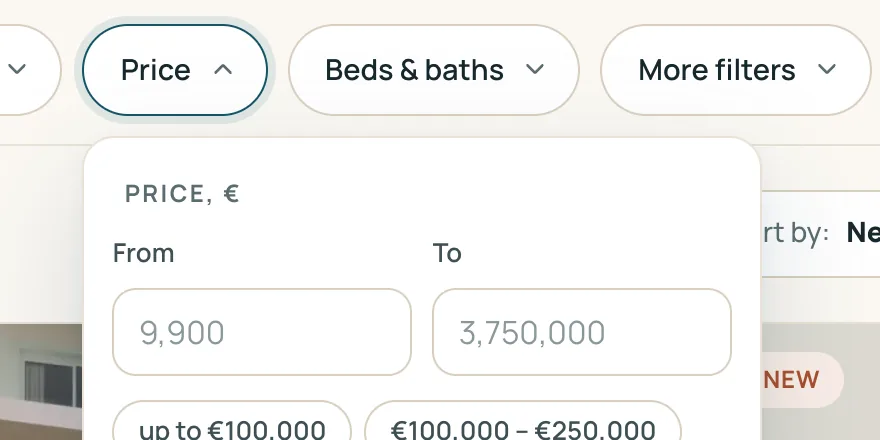 Price filter open: from and to fields with preset ranges