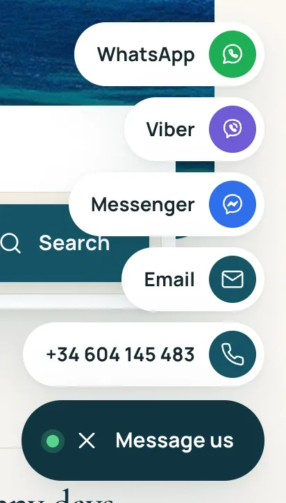 Floating Message us button expanded into WhatsApp, Viber, Messenger, email and phone