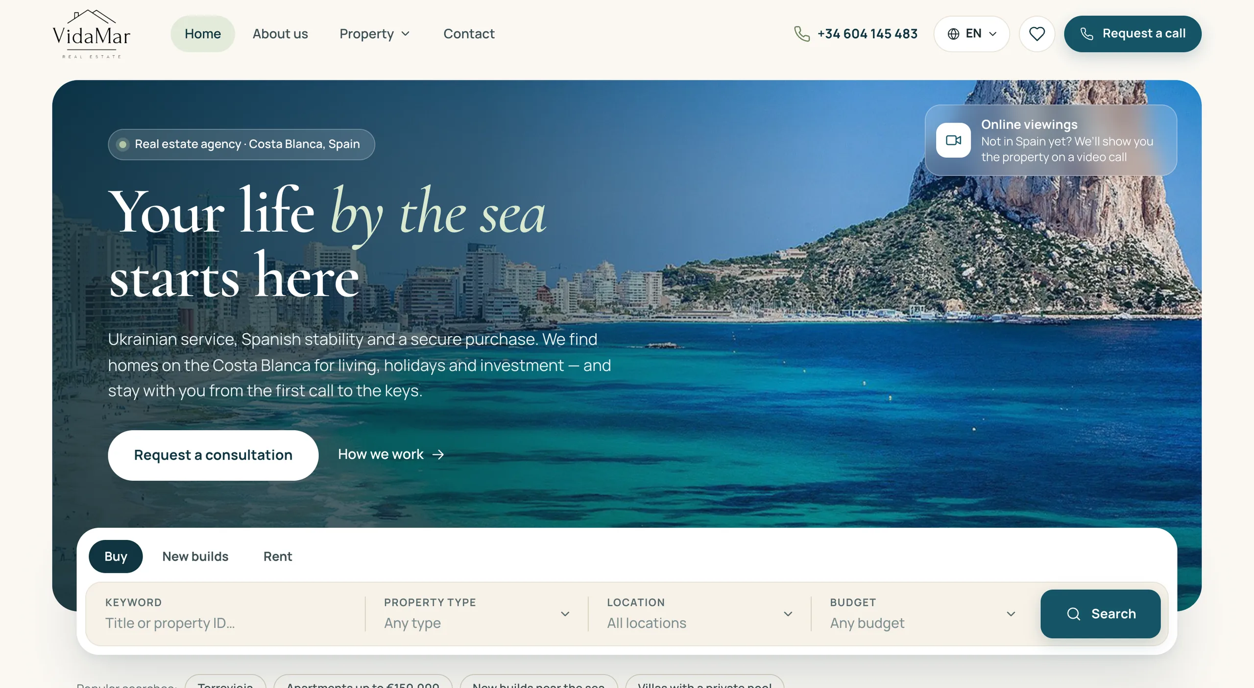 New VidaMar homepage: a search panel over a photo of the Costa Blanca coast