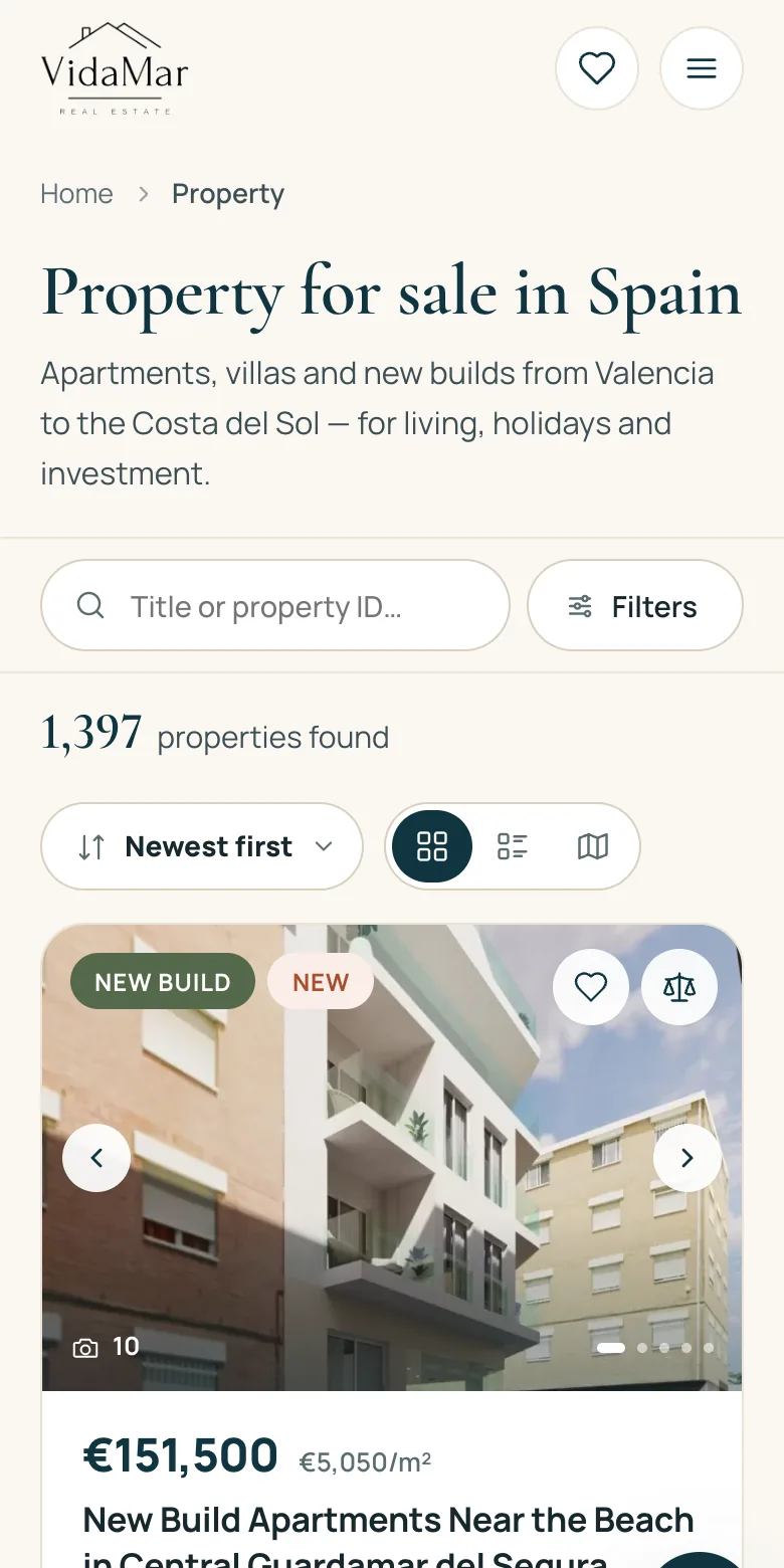 Catalogue on a phone: search box, Filters button, count and large listing cards