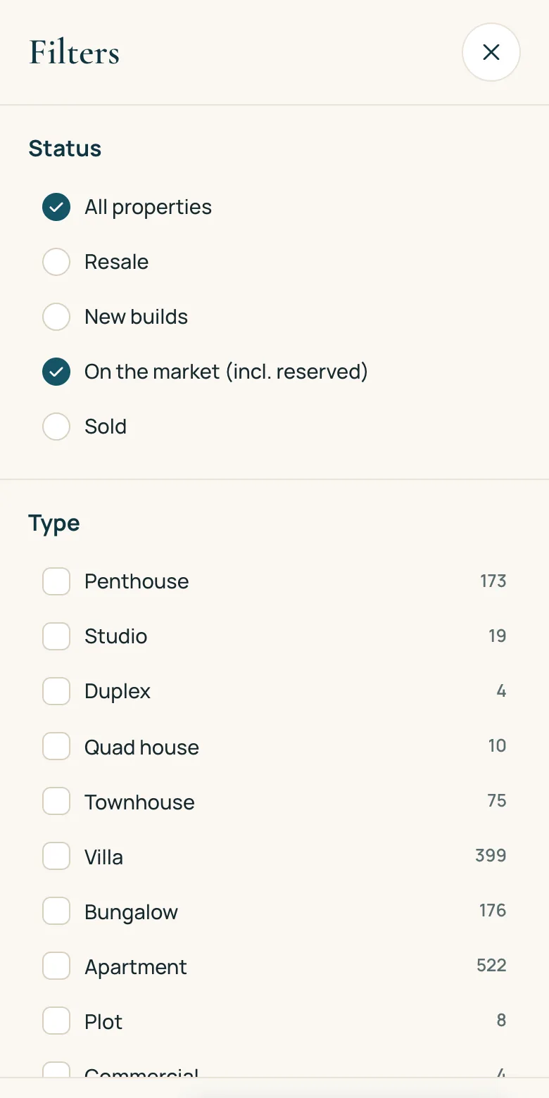 Filters sheet on a phone: status radio buttons and property types with counts, Show 1,397 properties button