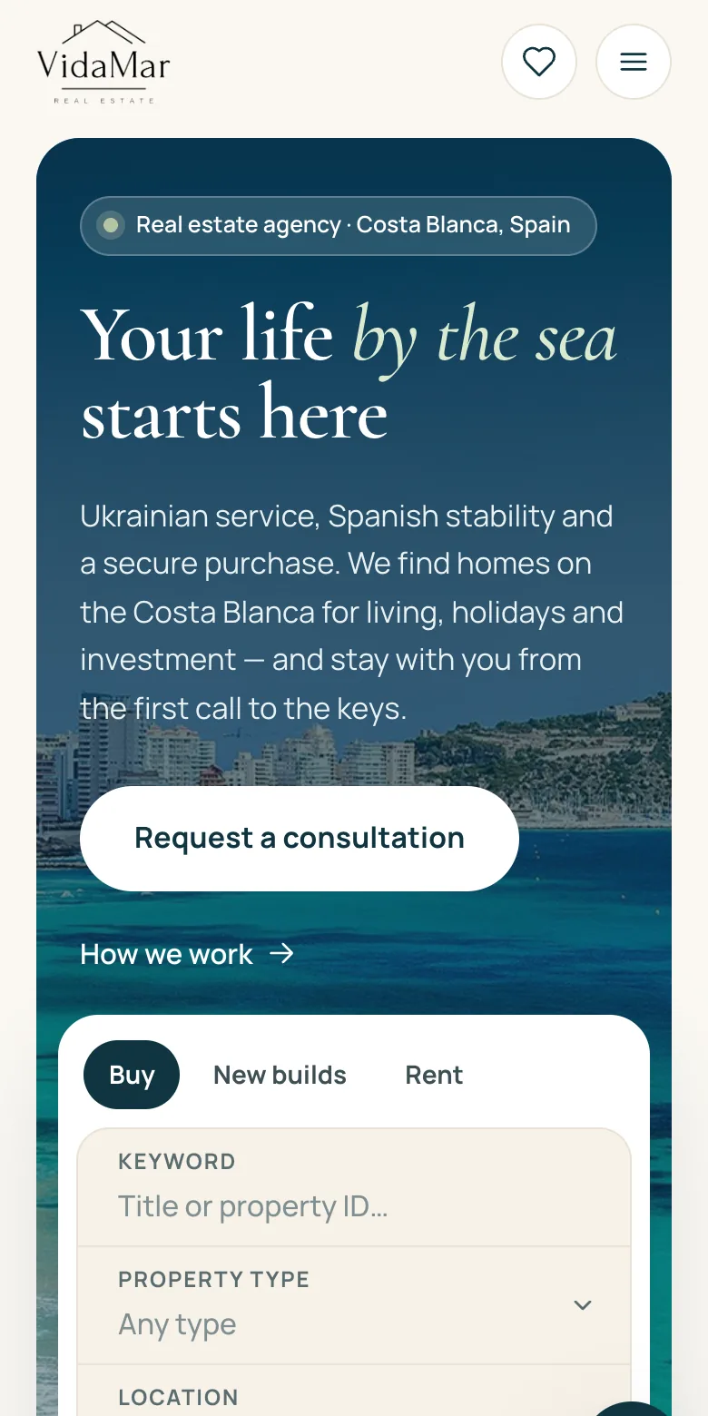 Home on a phone: headline over the sea photo and the search panel