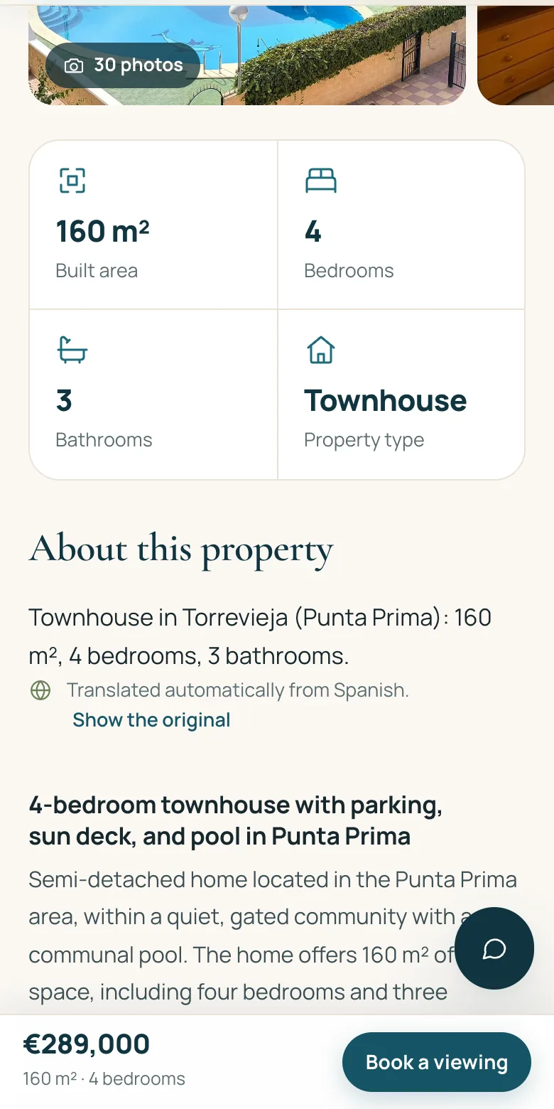 Listing on a phone: photo count, key facts, description and a bottom bar with the price and a Book a viewing button