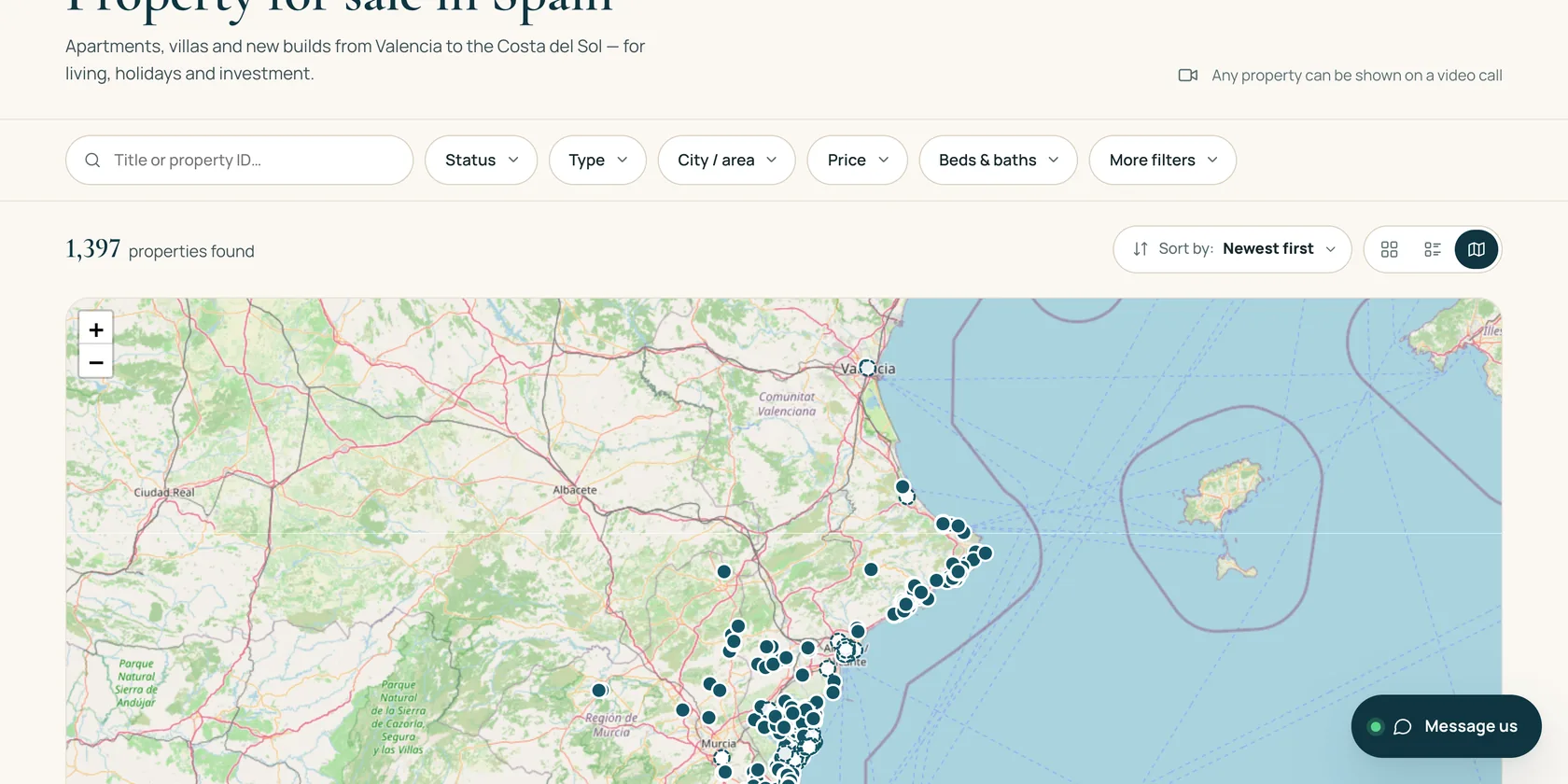 Map view of the catalogue: OpenStreetMap tiles with pins along the coast from Valencia to Murcia