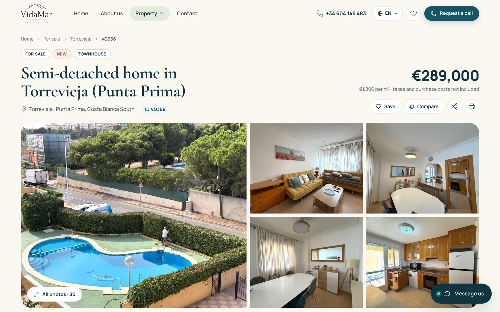 Listing page: title, price, five-photo gallery, key facts, description and a sticky Book a viewing card
