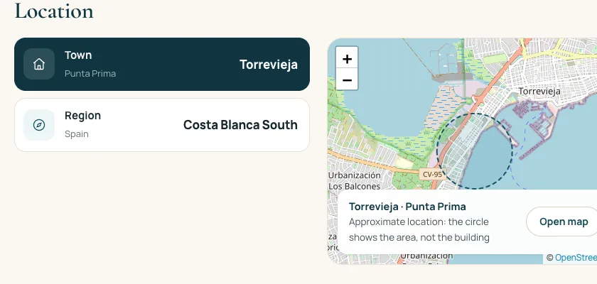 Location block: town and region cards next to a map with a dashed circle labelled approximate location
