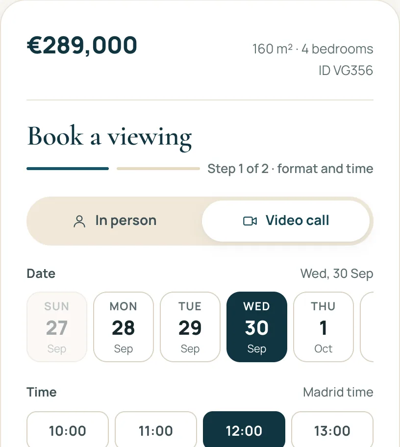 Book a viewing, step 1: Video call selected, Wednesday 30 September and 12:00 Madrid time picked