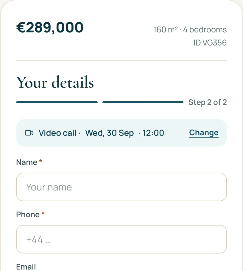 Book a viewing, step 2: the chosen slot summarised, then name, phone and email fields